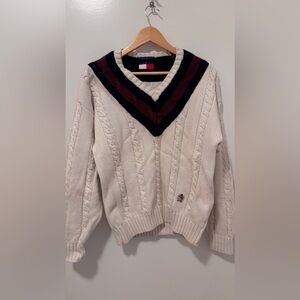 Tommy Hilfiger White V neck sweater cable knit Navy Blue and red